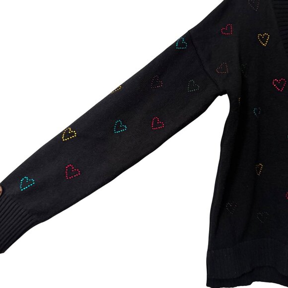 Aqua X Kerri Rosenthal Black Multicolor Rhinestone Hearts Cardigan Sweater XS - Picture 3 of 5